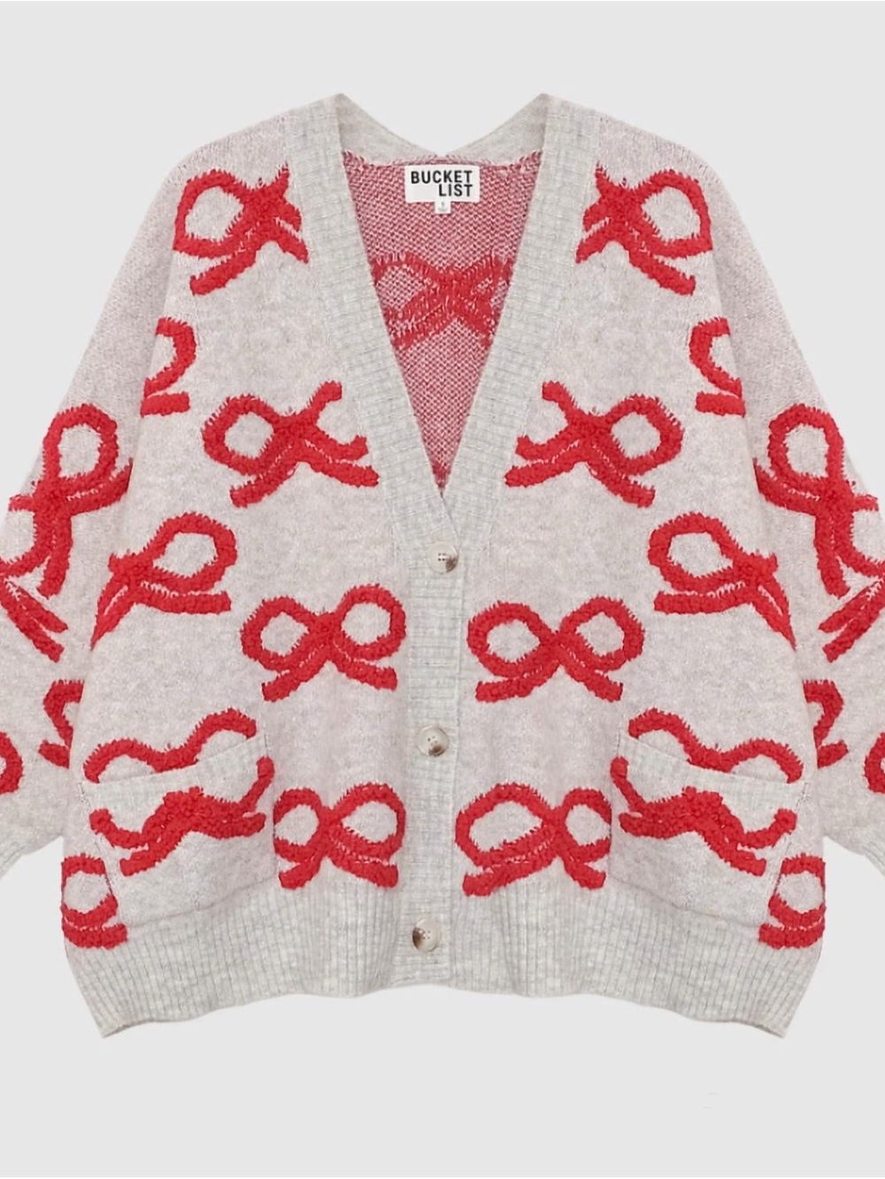 BUCKETLIST Women's Gray Cardigan with Red Bow Pattern
